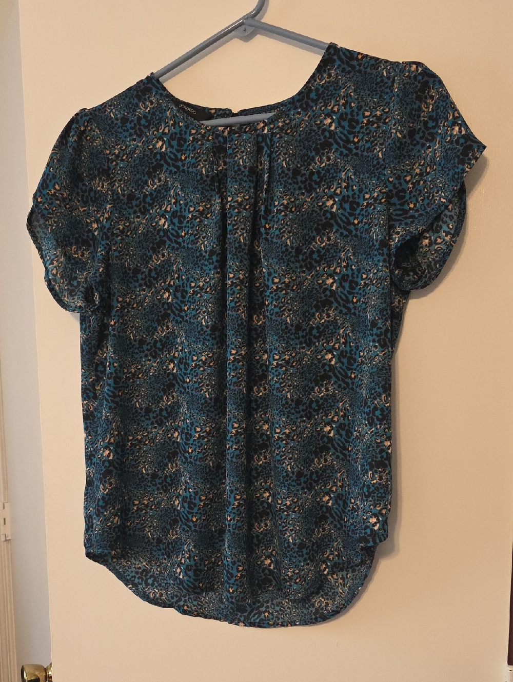 Teal Animal-Print Short Sleeve Blouse